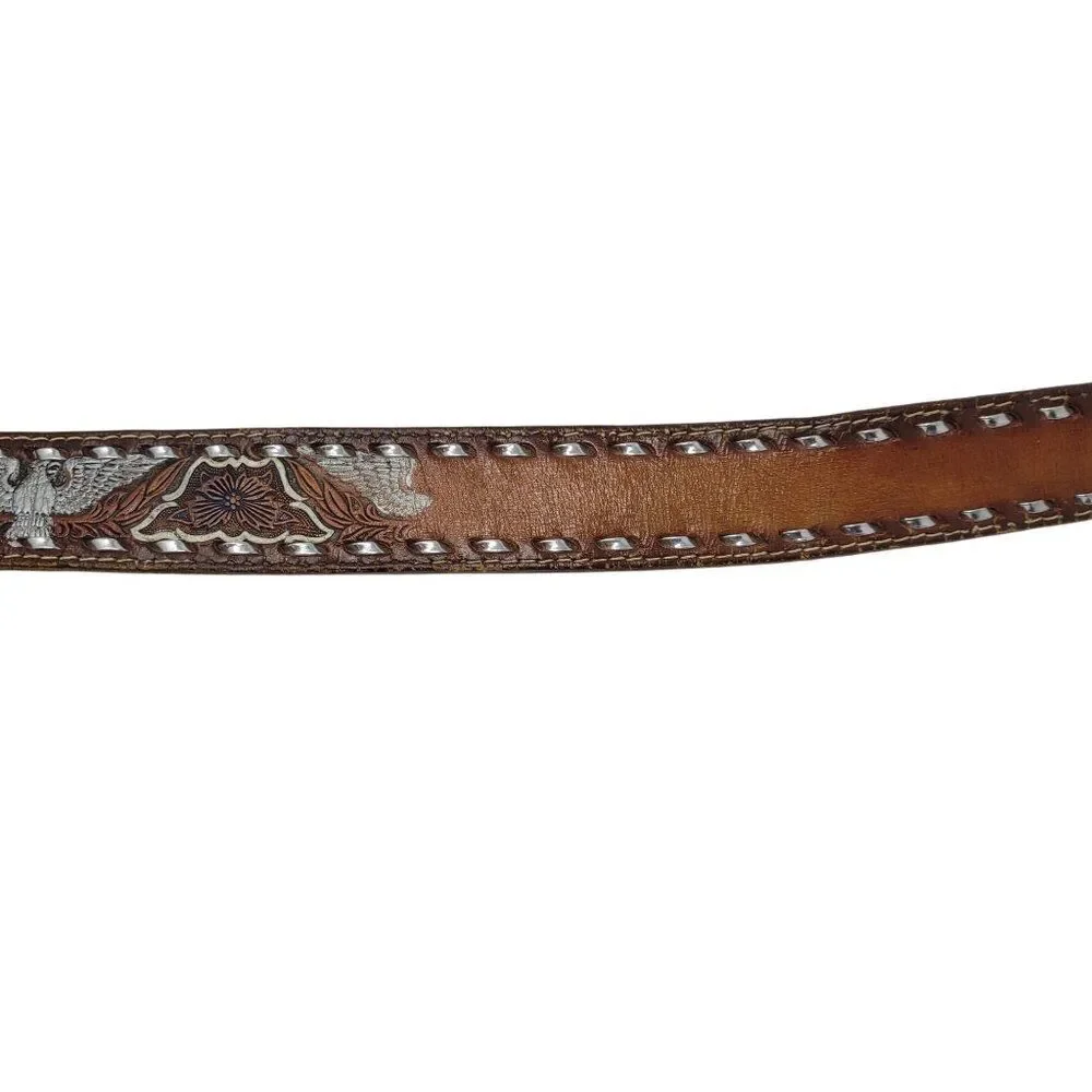 Handcrafted Brown Western Leather Belt Hand Painted Silver Eagle Embossing‎ 32
